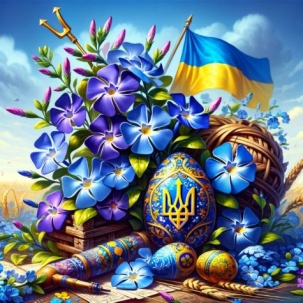 C:\Users\Наталочка\Desktop\DALL·E 2024-02-29 14.12.45 - Create another image that combines the beauty of periwinkle flowers with Ukrainian national-patriotic style elements. This new illustration should pro.png